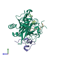 PDB entry 2bxt coloured by chain, side view.