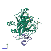 PDB entry 2bxu coloured by chain, side view.