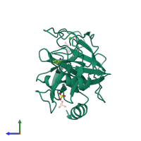 PDB entry 2by5 coloured by chain, side view.