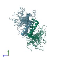 PDB entry 2bzb coloured by chain, ensemble of 32 models, side view.