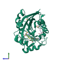 Monomeric assembly 1 of PDB entry 2bzg coloured by chemically distinct molecules, side view.