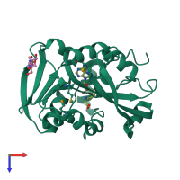Monomeric assembly 1 of PDB entry 2bzg coloured by chemically distinct molecules, top view.