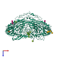 Homo dimeric assembly 2 of PDB entry 2c10 coloured by chemically distinct molecules, top view.