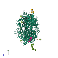 Homo dimeric assembly 2 of PDB entry 2c11 coloured by chemically distinct molecules, side view.
