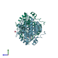 PDB entry 2c13 coloured by chain, side view.