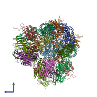 PDB entry 2c39 coloured by chain, side view.