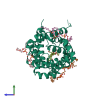 PDB entry 2c3e coloured by chain, side view.