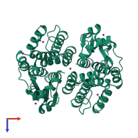 Homo dimeric assembly 1 of PDB entry 2c3n coloured by chemically distinct molecules, top view.