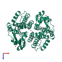 Homo dimeric assembly 2 of PDB entry 2c3n coloured by chemically distinct molecules, top view.