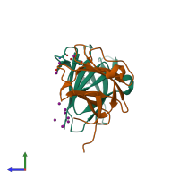 PDB entry 2c3v coloured by chain, side view.