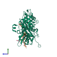 PDB entry 2c77 coloured by chain, side view.