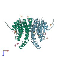 PDB entry 2cai coloured by chain, top view.