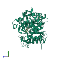 Monomeric assembly 2 of PDB entry 2cbu coloured by chemically distinct molecules, side view.