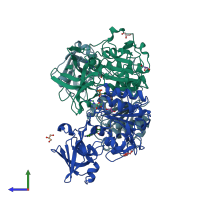 PDB entry 2cbx coloured by chain, side view.