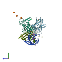 PDB entry 2cdo coloured by chain, side view.