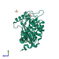 PDB entry 2cdz coloured by chain, side view.