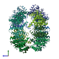PDB 2ce3 coloured by chain and viewed from the side.