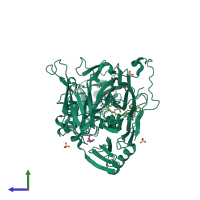 PDB entry 2cfl coloured by chain, side view.