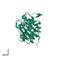 Monomeric assembly 1 of PDB entry 2cgu coloured by chemically distinct molecules, side view.