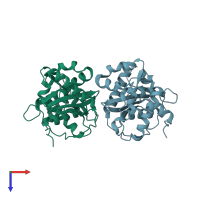 PDB entry 2ckg coloured by chain, top view.