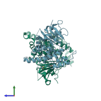 PDB entry 2ckp coloured by chain, side view.