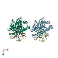 PDB entry 2clz coloured by chain, top view.