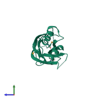 PDB entry 2cm5 coloured by chain, side view.