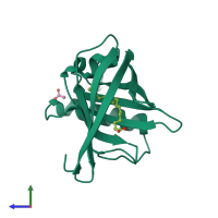 PDB entry 2cm9 coloured by chain, side view.