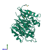 PDB entry 2cmu coloured by chain, side view.