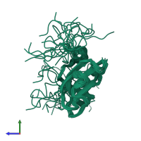 PDB entry 2cp0 coloured by chain, ensemble of 20 models, side view.