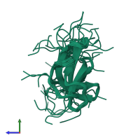 PDB entry 2cp3 coloured by chain, ensemble of 20 models, side view.
