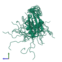 PDB entry 2cpi coloured by chain, ensemble of 20 models, side view.