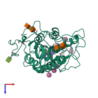 Monomeric assembly 1 of PDB entry 2cpo coloured by chemically distinct molecules, top view.