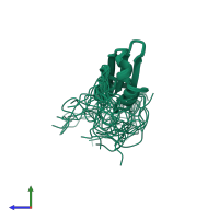 PDB entry 2cpq coloured by chain, ensemble of 20 models, side view.