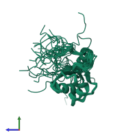 PDB entry 2cpy coloured by chain, ensemble of 20 models, side view.