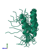 PDB entry 2cr7 coloured by chain, ensemble of 20 models, side view.