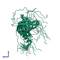 PDB entry 2crf coloured by chain, ensemble of 20 models, side view.