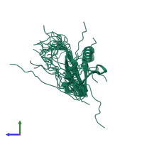 PDB entry 2cu1 coloured by chain, ensemble of 20 models, side view.