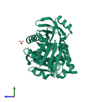 PDB entry 2cu2 coloured by chain, side view.