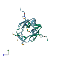 PDB entry 2cu3 coloured by chain, side view.