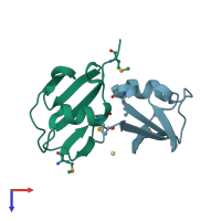 PDB entry 2cu3 coloured by chain, top view.