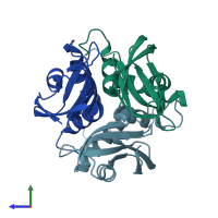 PDB entry 2cu5 coloured by chain, side view.