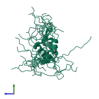 PDB entry 2cu7 coloured by chain, ensemble of 20 models, side view.