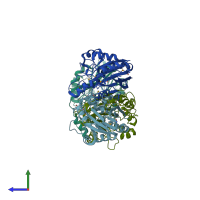 PDB entry 2cv9 coloured by chain, side view.