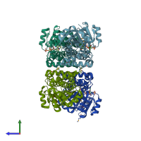 PDB entry 2cvz coloured by chain, side view.
