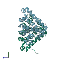 PDB entry 2cw2 coloured by chain, side view.