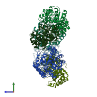 PDB entry 2cw6 coloured by chain, side view.