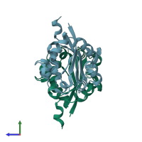 PDB entry 2cwk coloured by chain, side view.