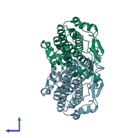 PDB entry 2cwl coloured by chain, side view.