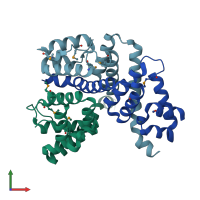 PDB entry 2cwq coloured by chain, front view.